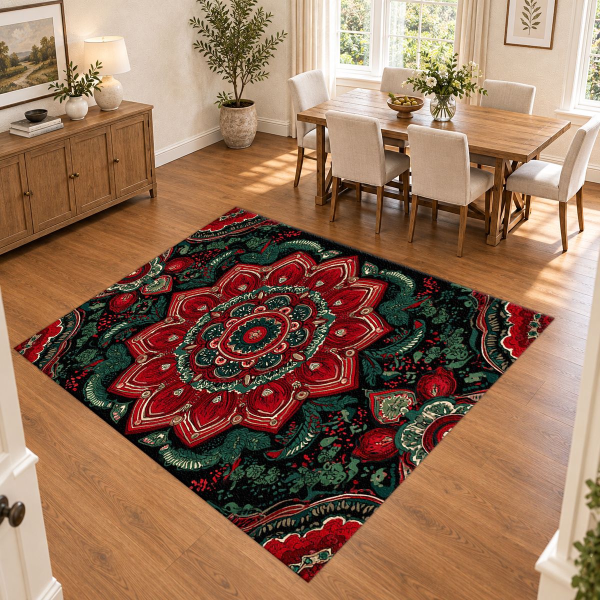 Red and Emerald Ornate Mandala printed area rug
