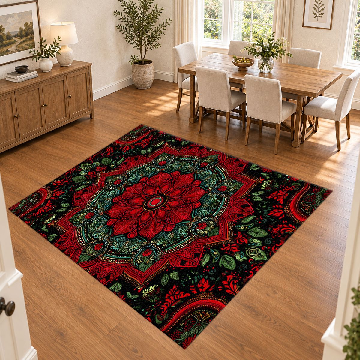 Crimson and Green Floral Medallion printed area rug
