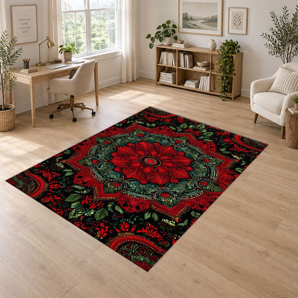 Crimson and Green Floral Medallion printed area rug