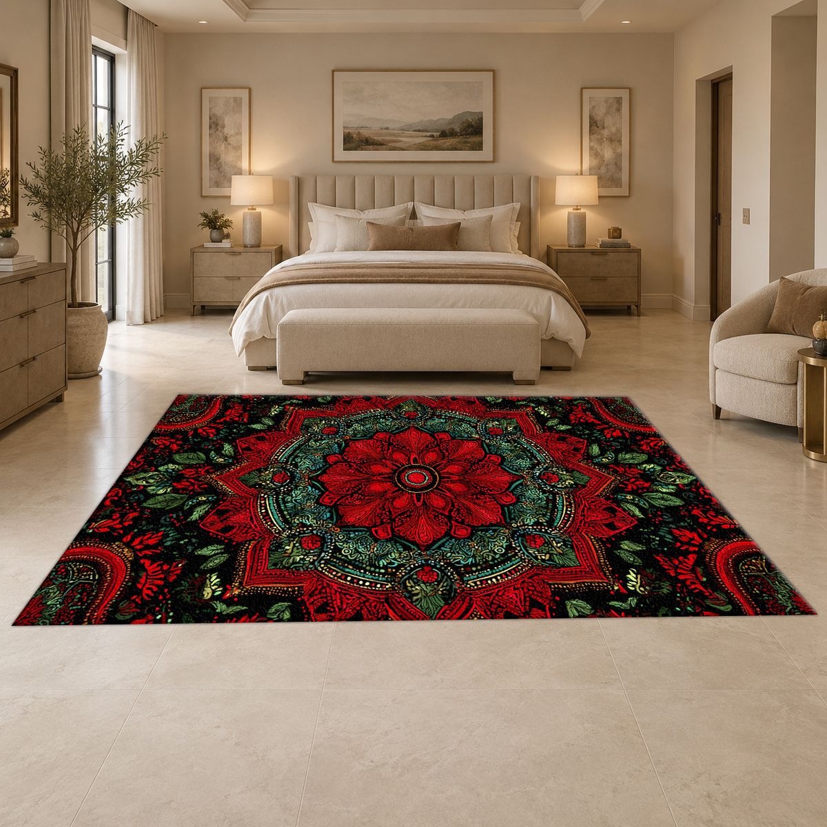 Crimson and Green Floral Medallion printed area rug