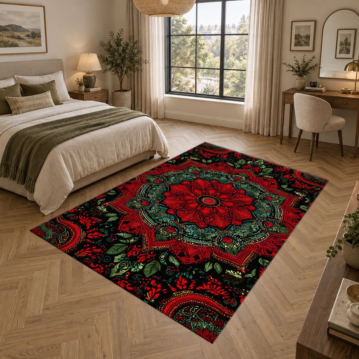 Crimson and Green Floral Medallion printed area rug