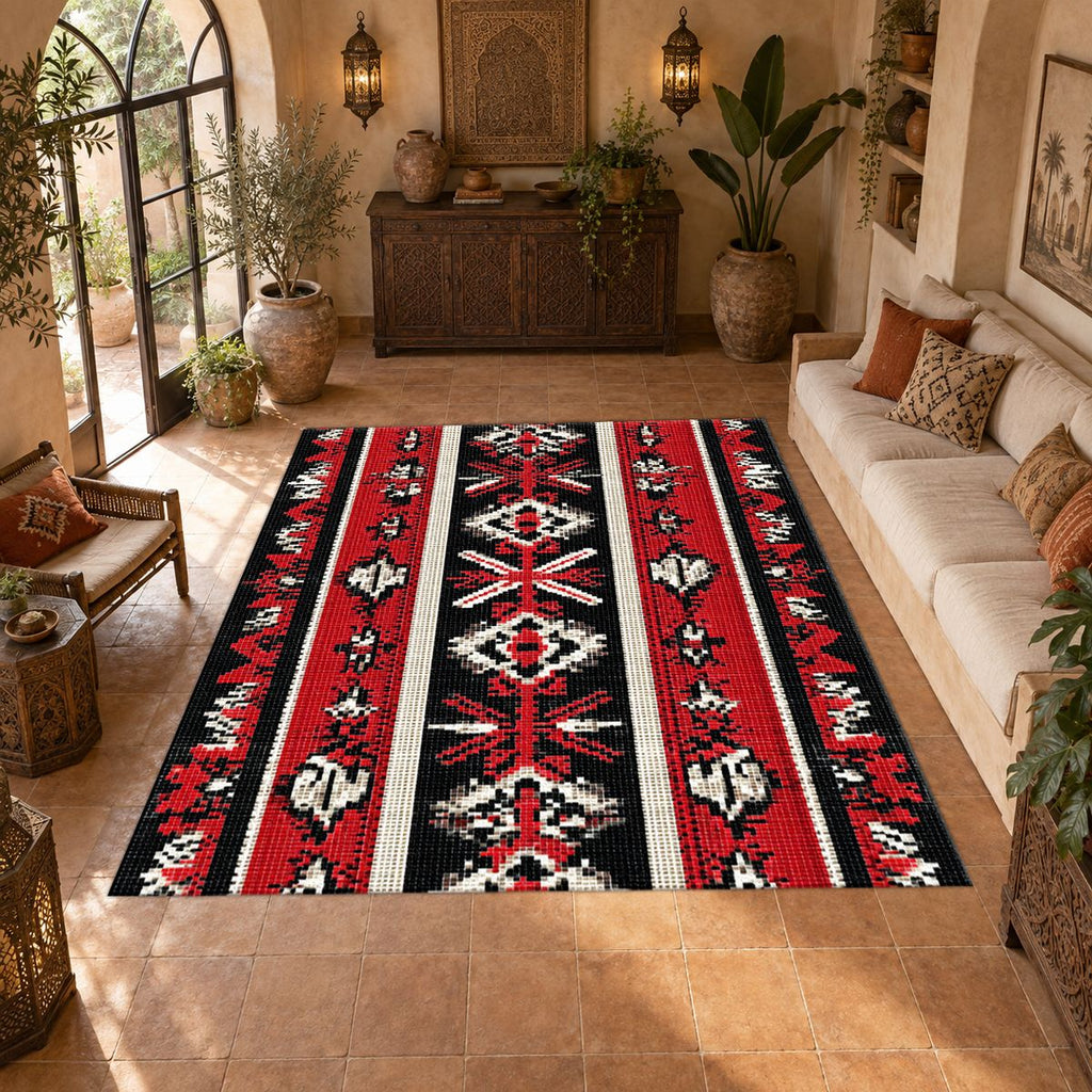 Red and Black Folk Striped Kilim printed area rug
