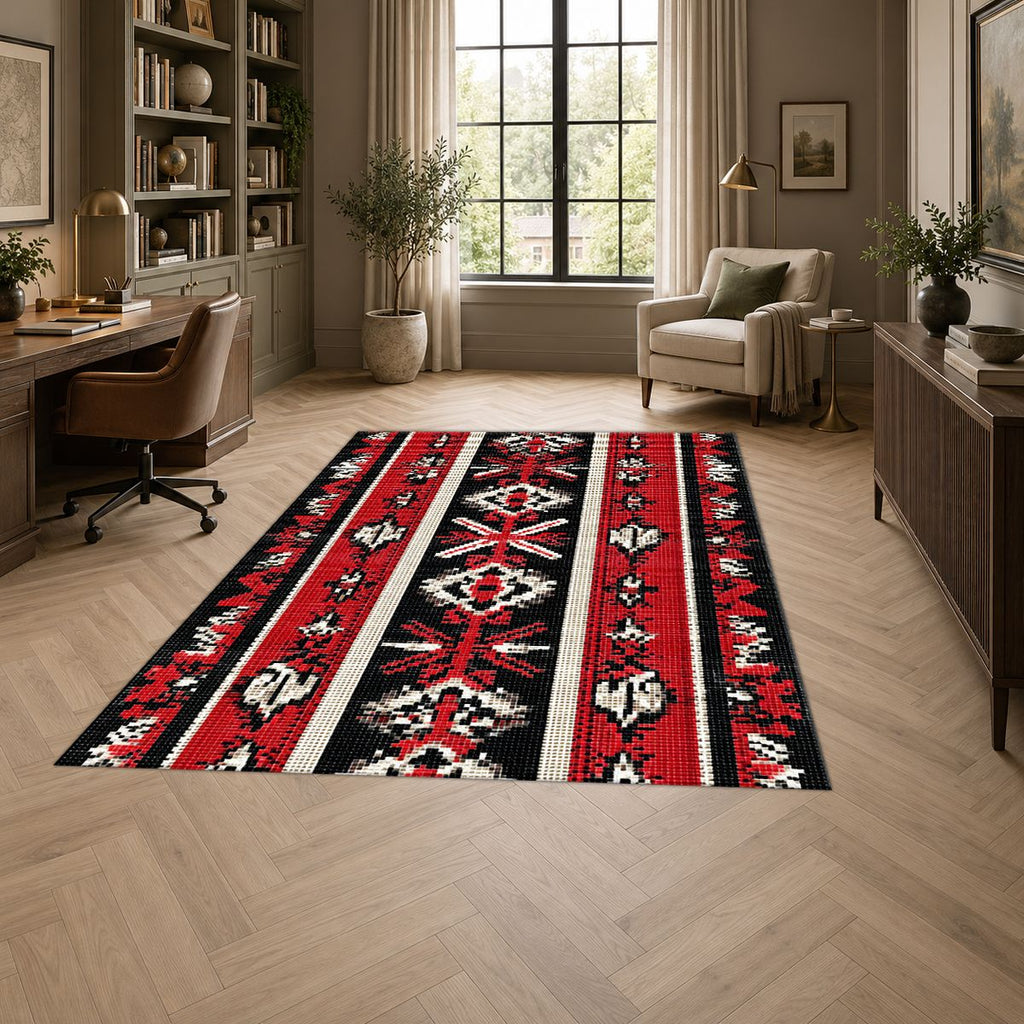 Red and Black Folk Striped Kilim printed area rug