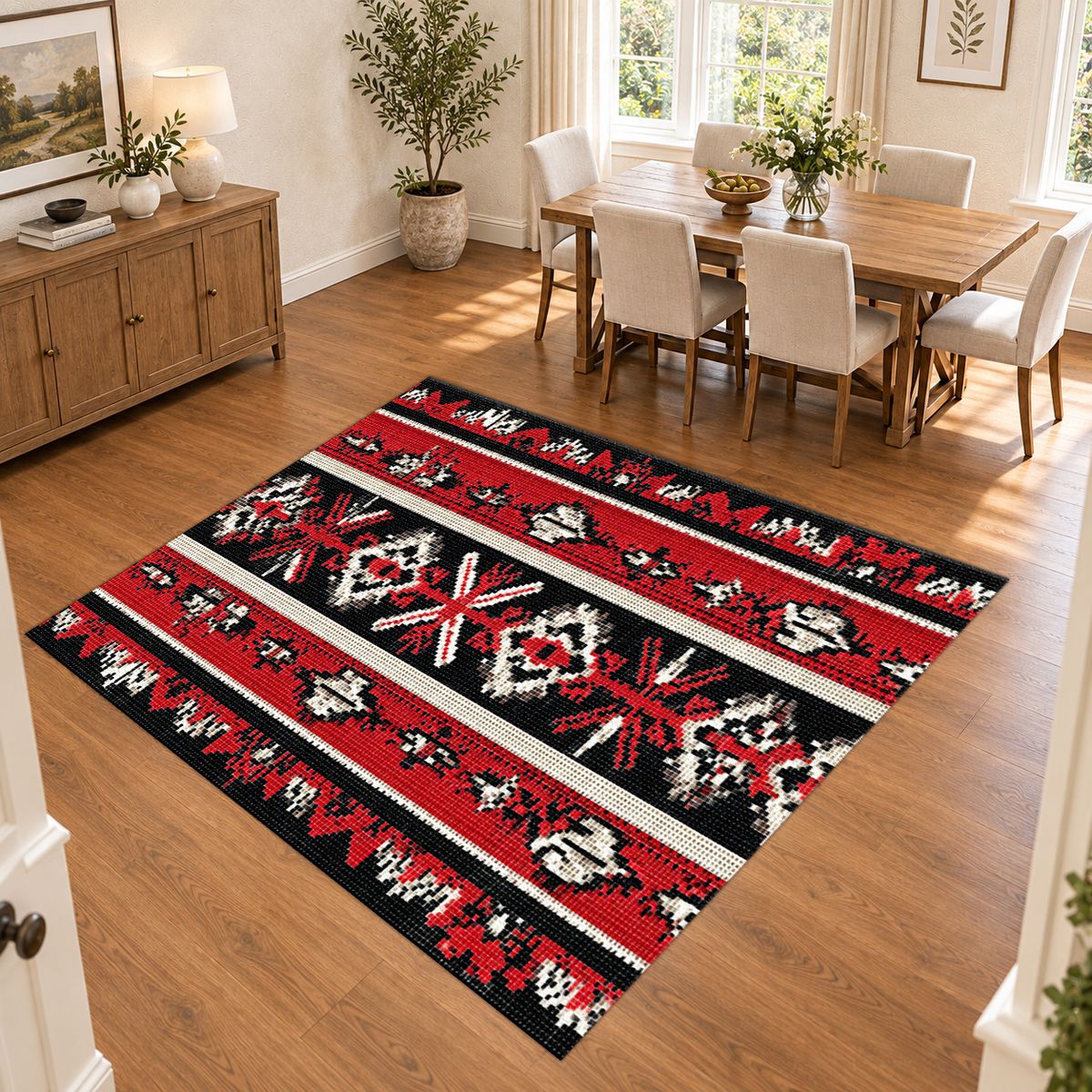 Red and Black Folk Striped Kilim printed area rug