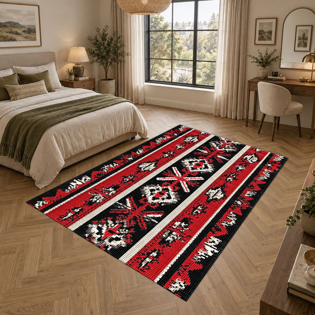 Red and Black Folk Striped Kilim printed area rug