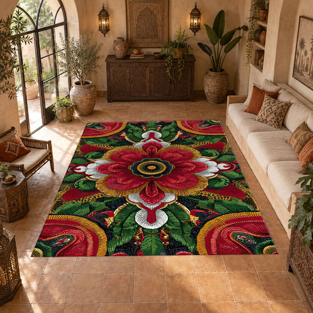 Red Folk Art Flower on Green printed area rug