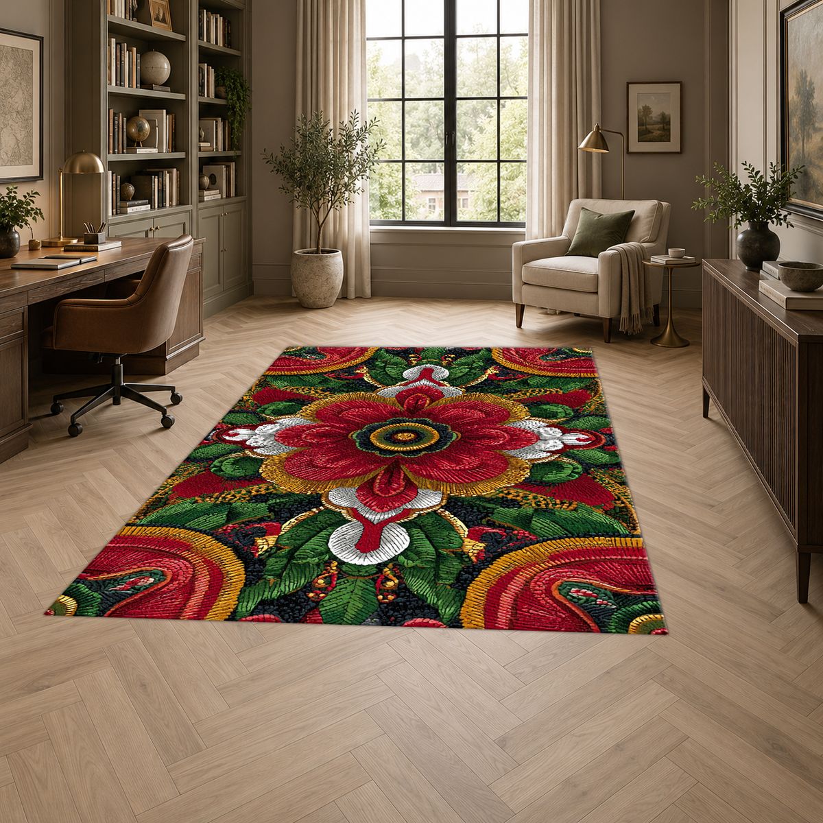 Red Folk Art Flower on Green printed area rug