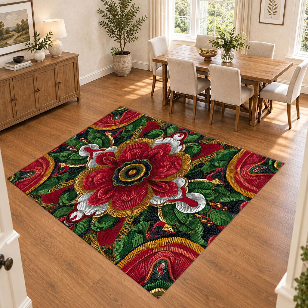 Red Folk Art Flower on Green printed area rug