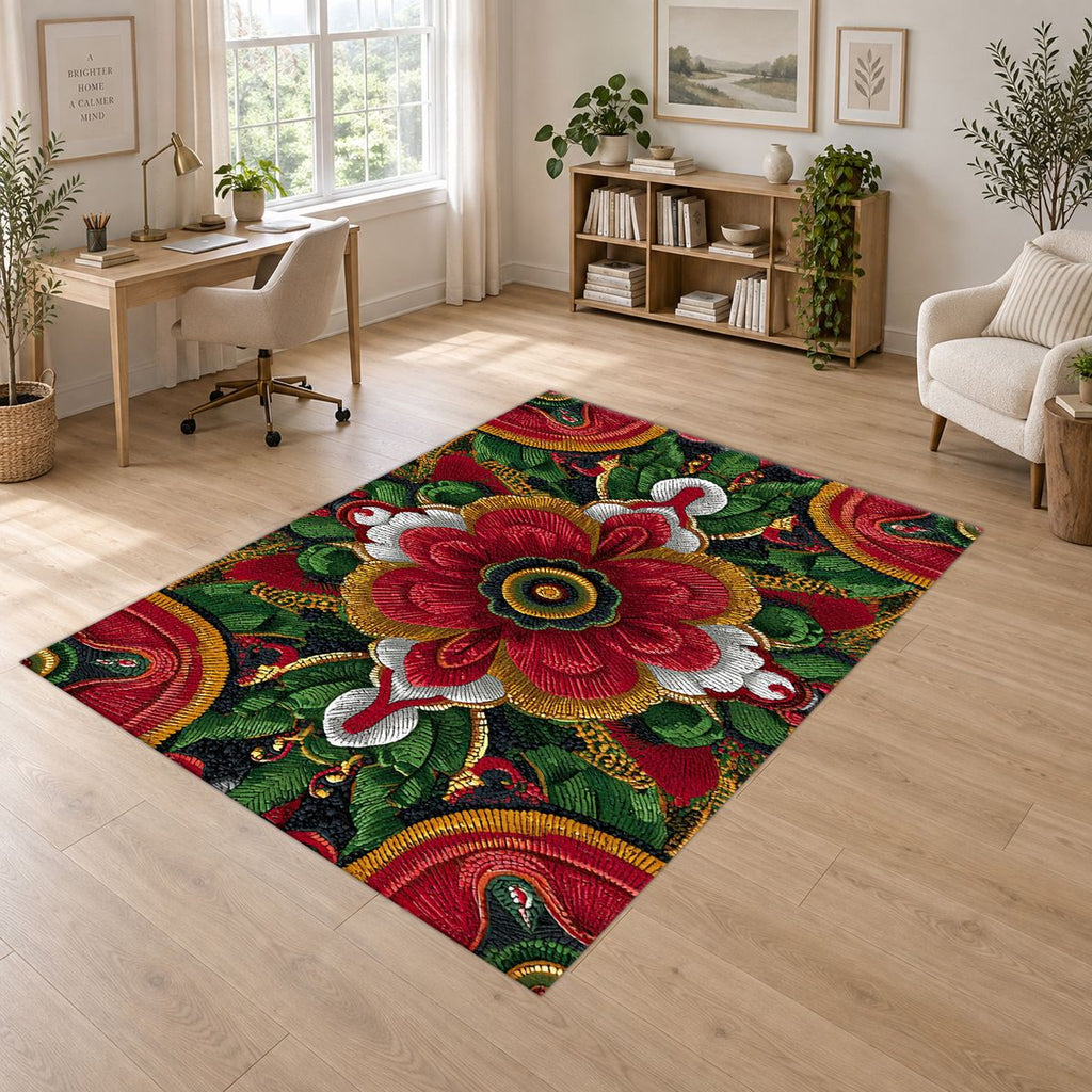 Red Folk Art Flower on Green printed area rug