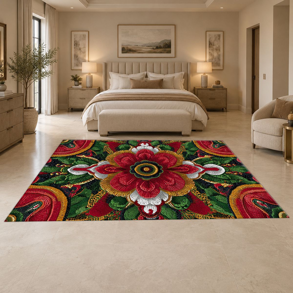 Red Folk Art Flower on Green printed area rug