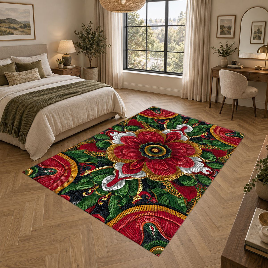 Red Folk Art Flower on Green printed area rug
