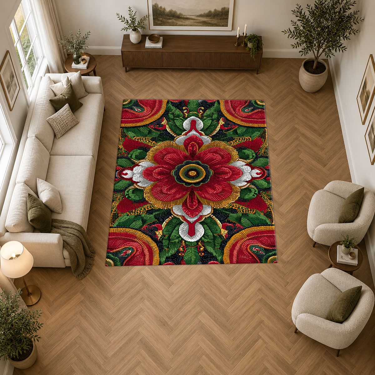 Red Folk Art Flower on Green printed area rug