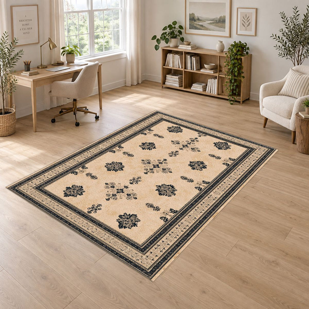 Cream Minimalist Bordered Classic printed area rug