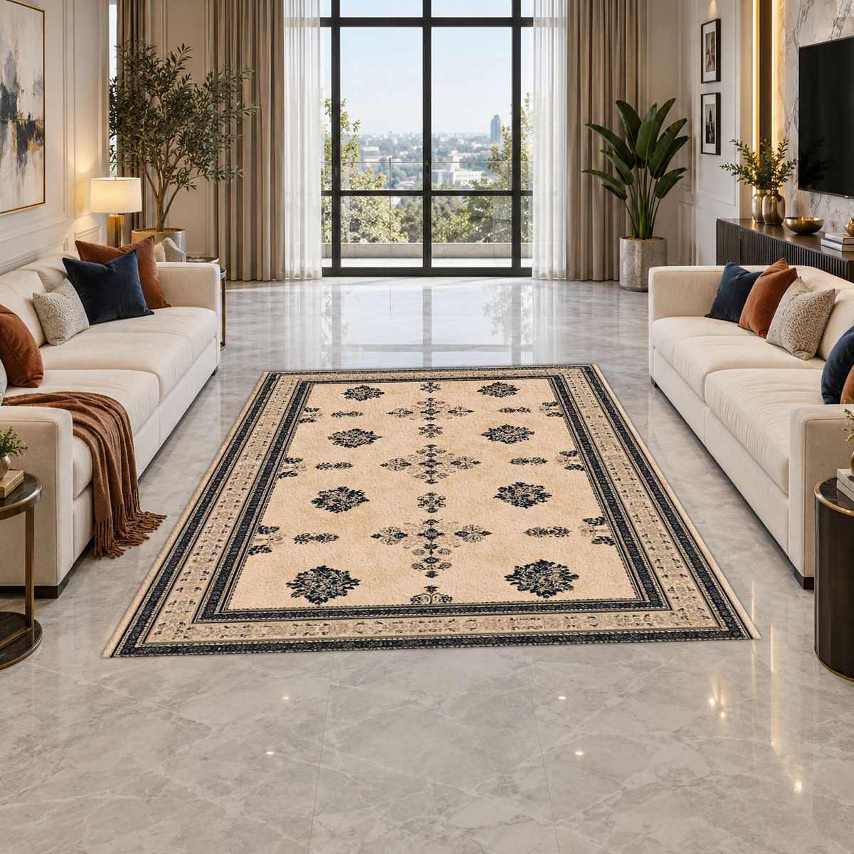 Cream Minimalist Bordered Classic printed area rug