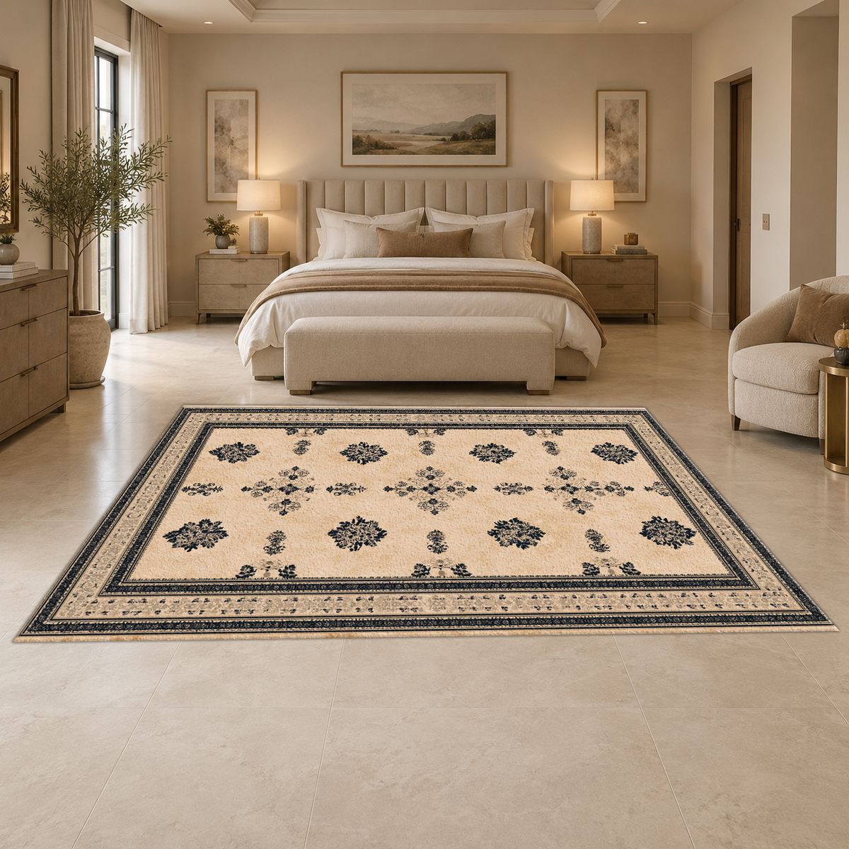 Cream Minimalist Bordered Classic printed area rug