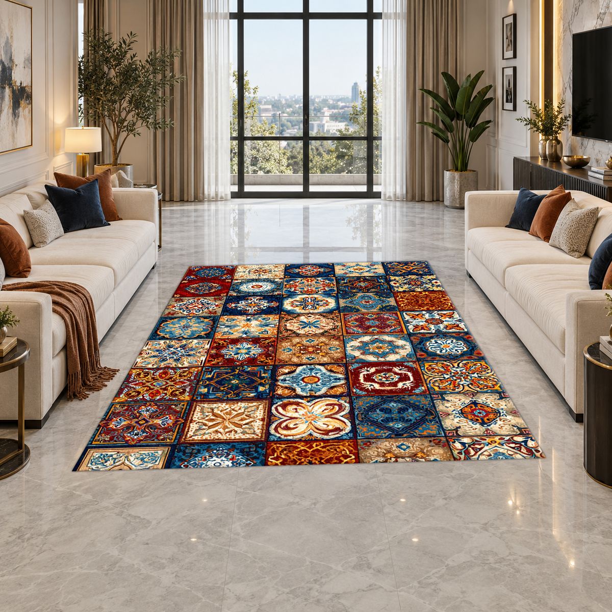 Colorful Moroccan Tile Patchwork printed area rug