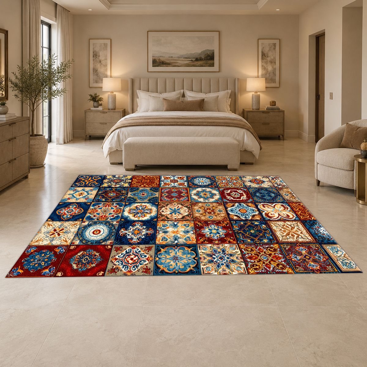 Colorful Moroccan Tile Patchwork printed area rug