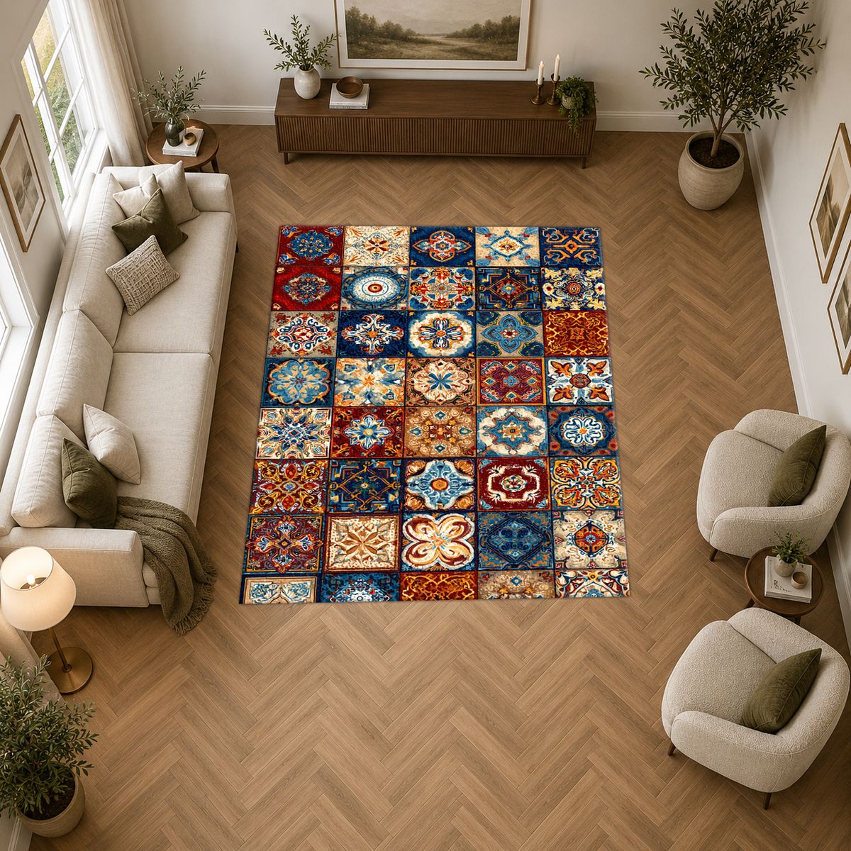 Colorful Moroccan Tile Patchwork printed area rug