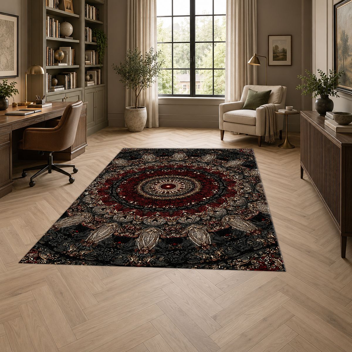 Black and Burgundy Paisley Mandala printed area rug