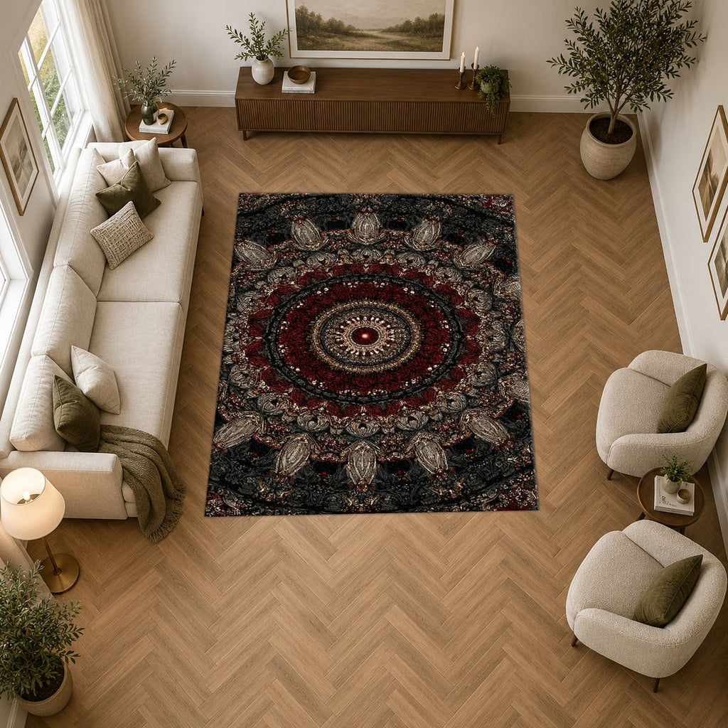Black and Burgundy Paisley Mandala printed area rug