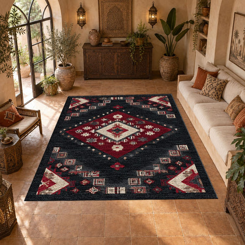 Black and Red Geometric Diamond Kilim printed area rug