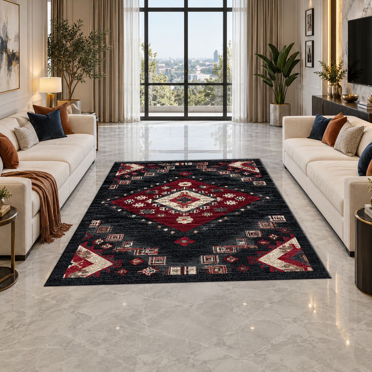Black and Red Geometric Diamond Kilim printed area rug