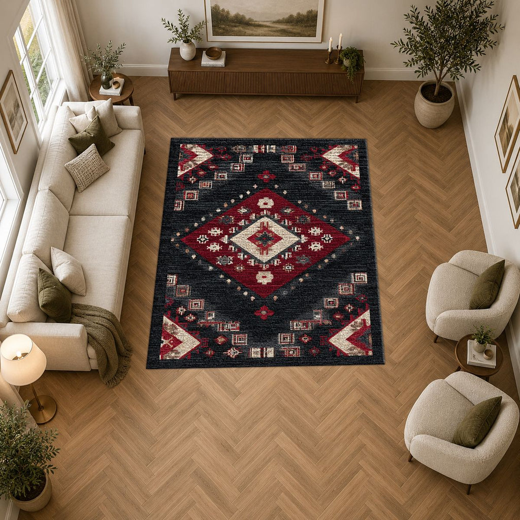 Black and Red Geometric Diamond Kilim printed area rug
