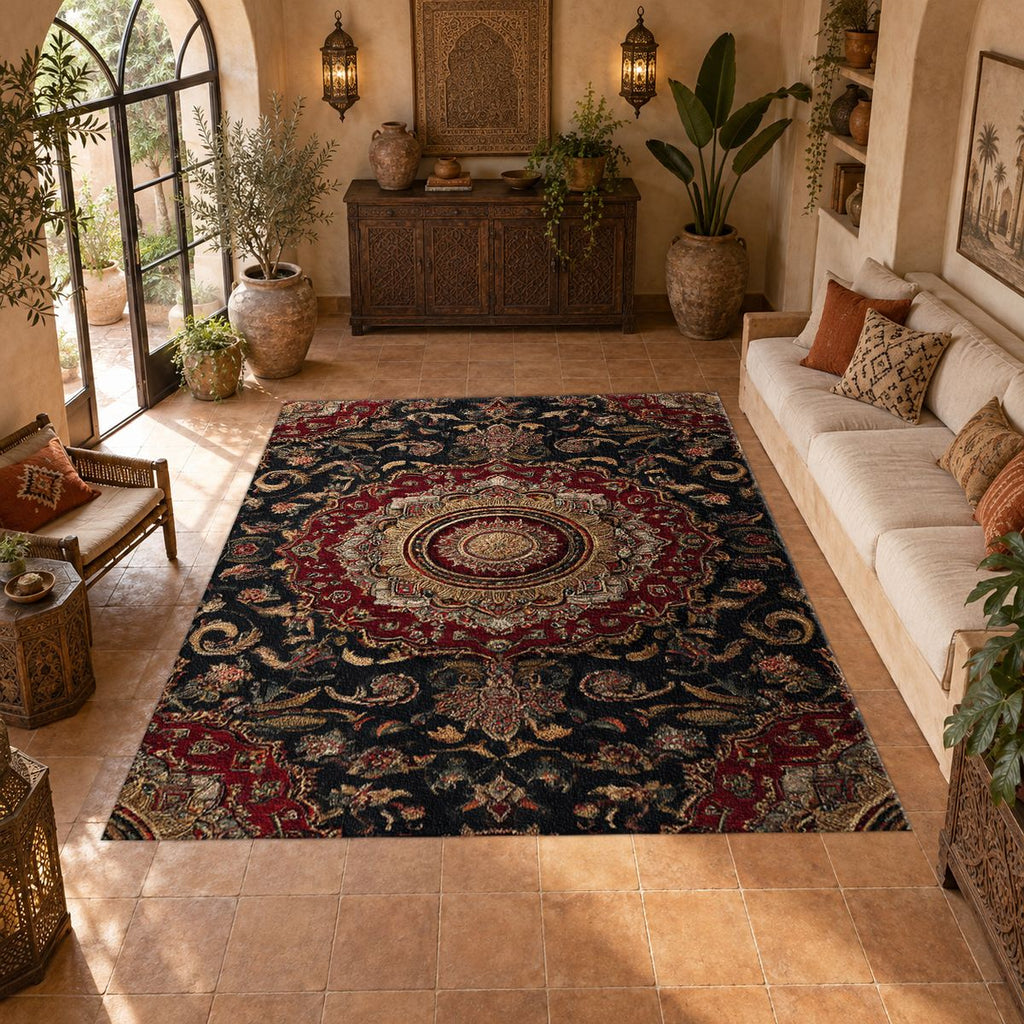 Dark Burgundy Ornate Persian Medallion printed area rug