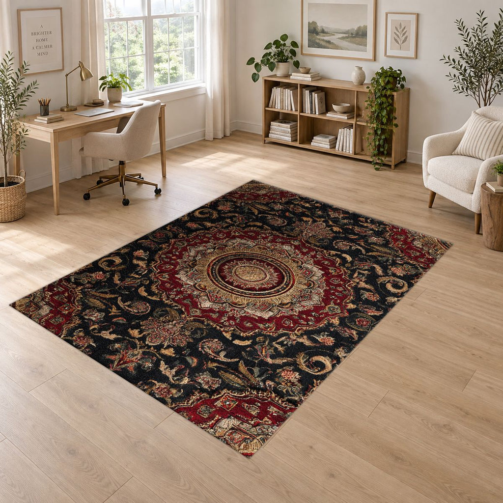 Dark Burgundy Ornate Persian Medallion printed area rug