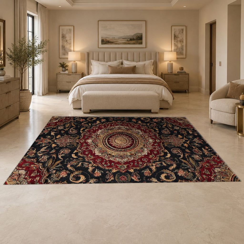Dark Burgundy Ornate Persian Medallion printed area rug
