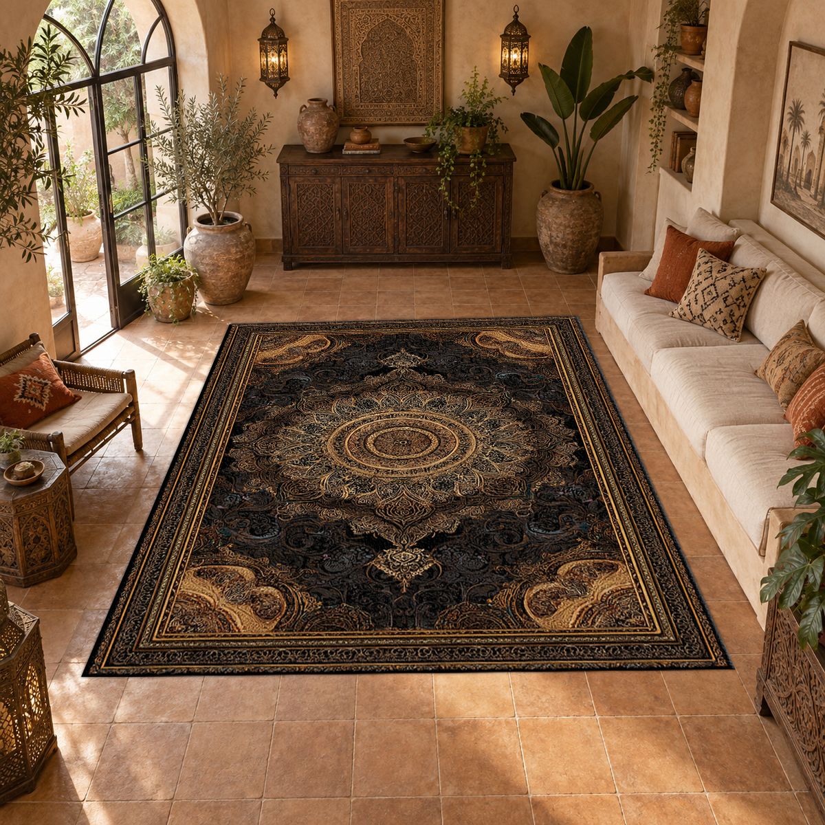 Black and Gold Baroque Medallion printed area rug