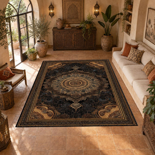 Black and Gold Baroque Medallion printed area rug