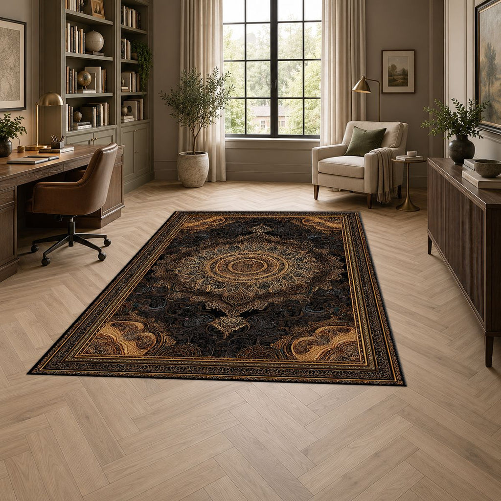 Black and Gold Baroque Medallion printed area rug