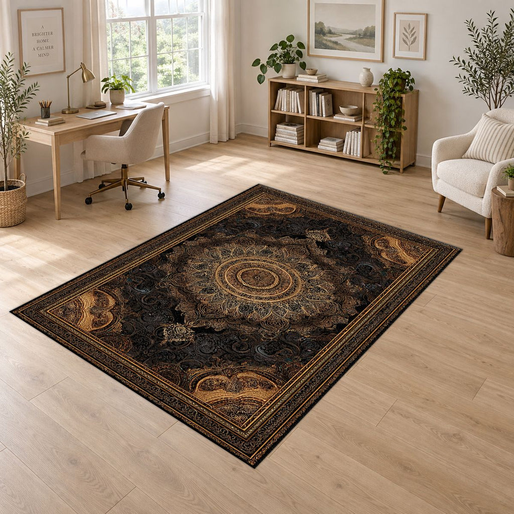 Black and Gold Baroque Medallion printed area rug