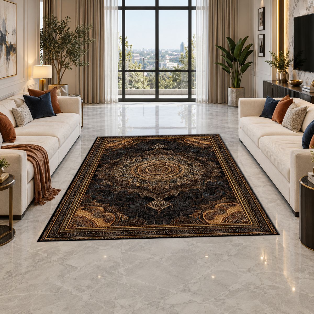 Black and Gold Baroque Medallion printed area rug