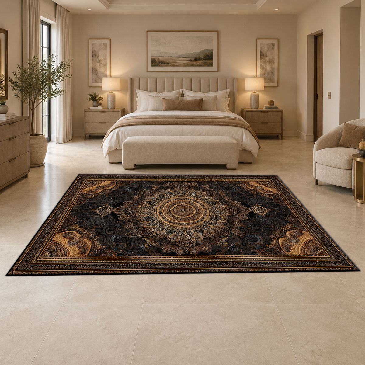 Black and Gold Baroque Medallion printed area rug
