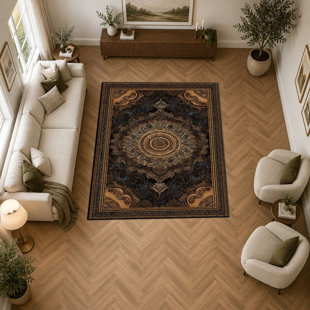 Black and Gold Baroque Medallion printed area rug