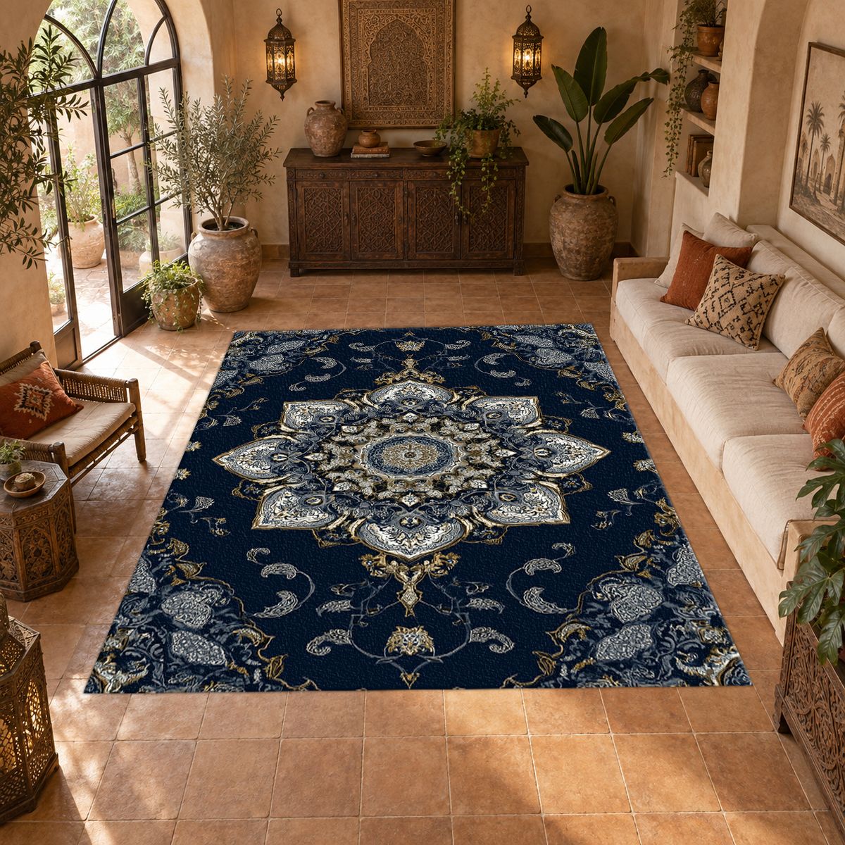 Navy and Silver Star Medallion printed area rug