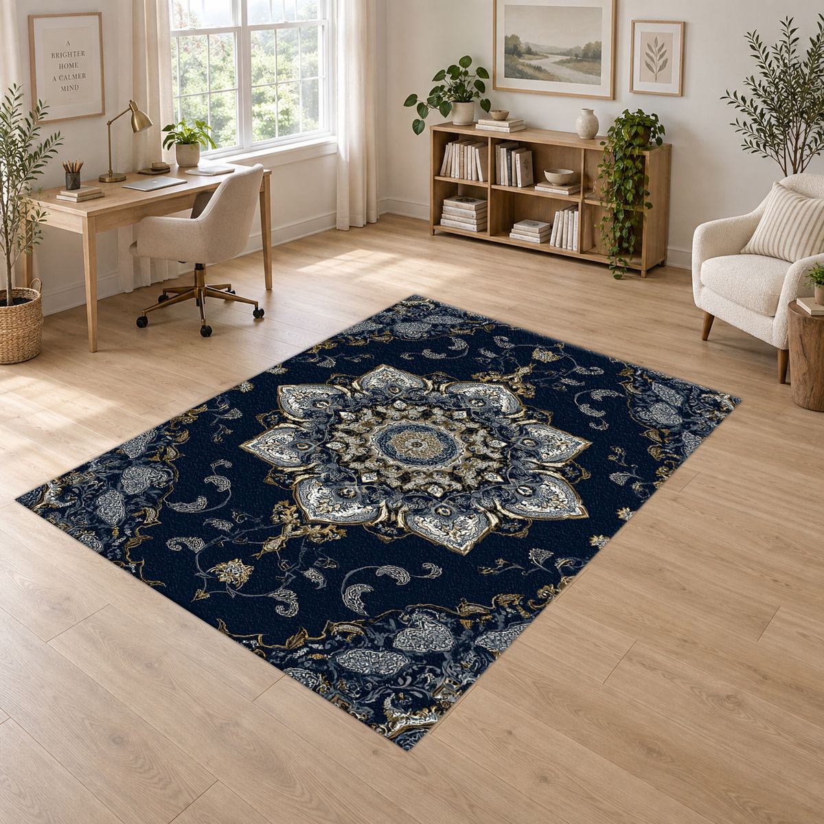 Navy and Silver Star Medallion printed area rug