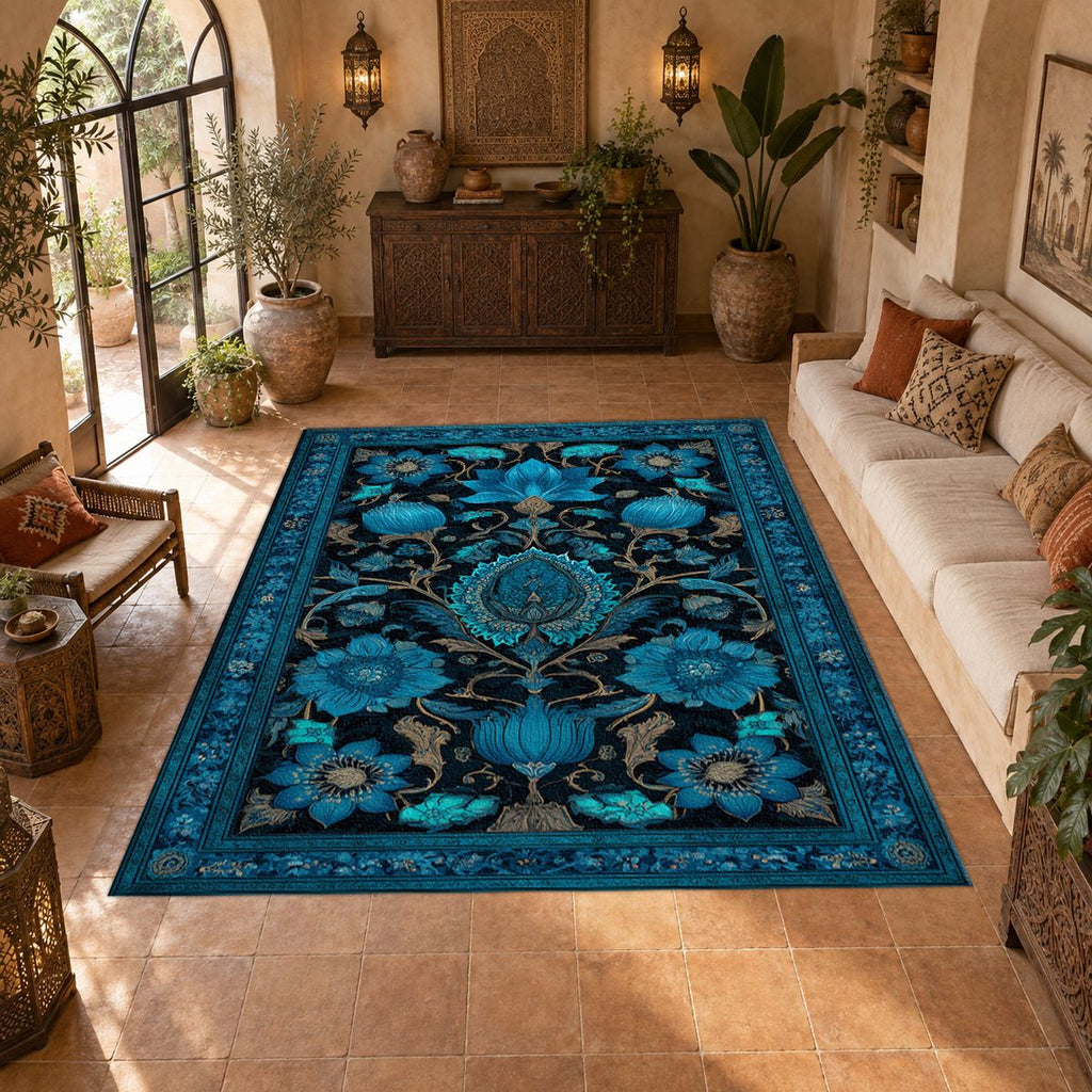 Turquoise Floral Arabesque printed area rug