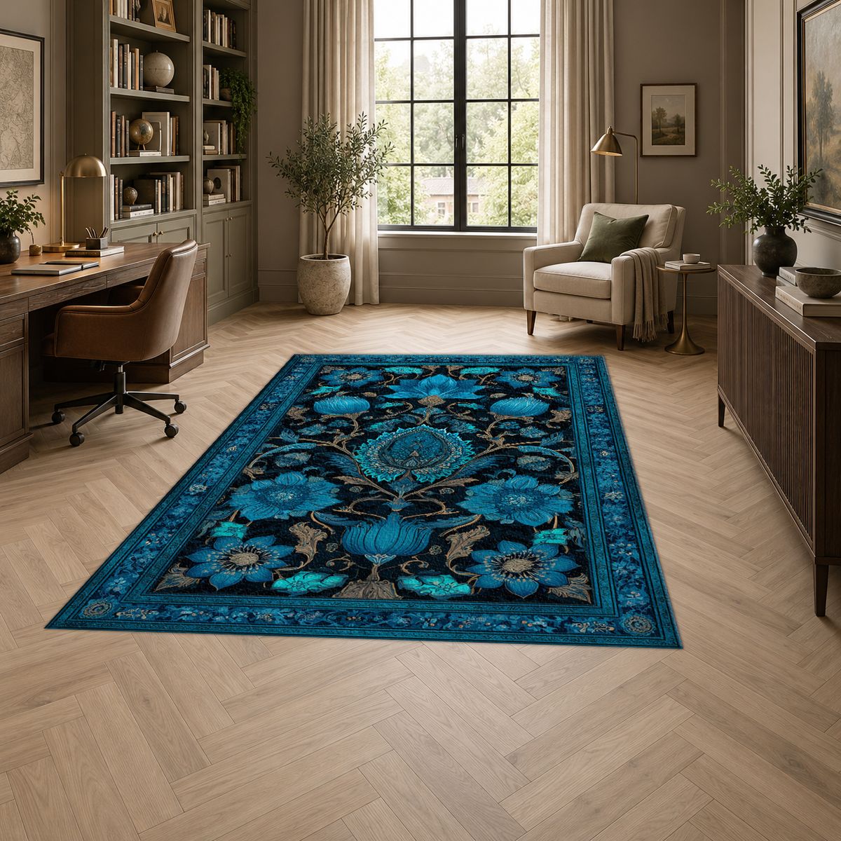 Turquoise Floral Arabesque printed area rug