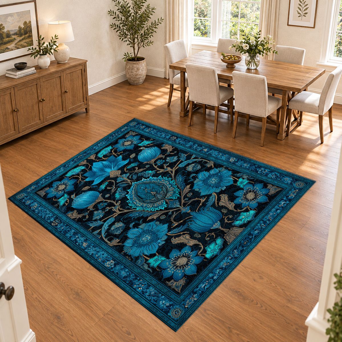 Turquoise Floral Arabesque printed area rug