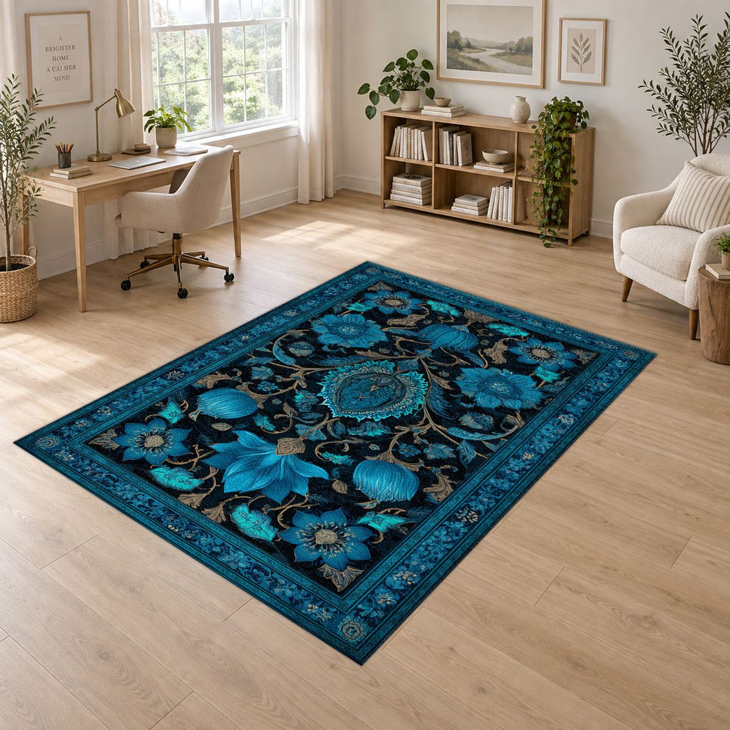 Turquoise Floral Arabesque printed area rug