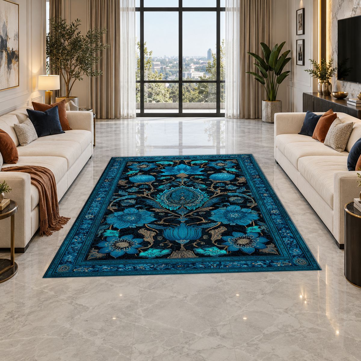 Turquoise Floral Arabesque printed area rug