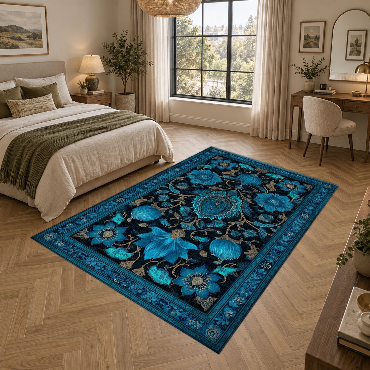 Turquoise Floral Arabesque printed area rug