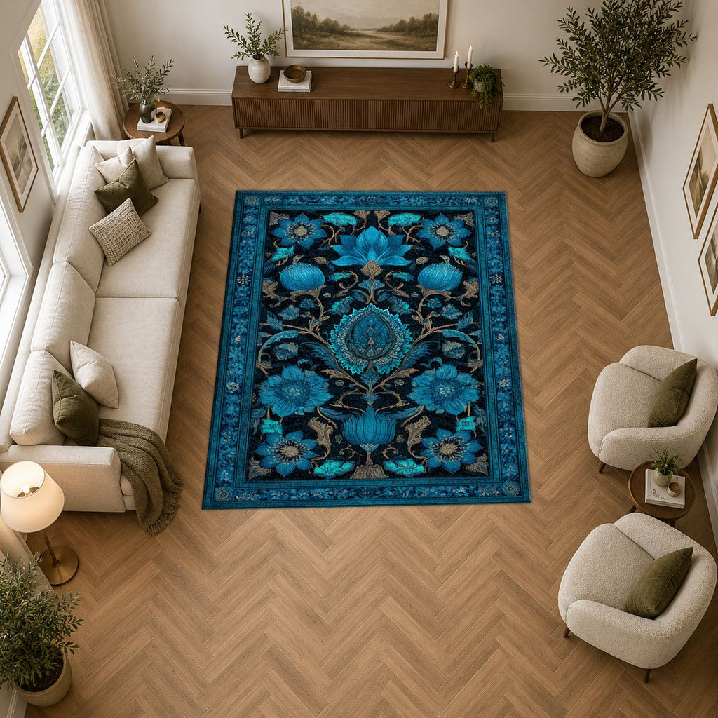 Turquoise Floral Arabesque printed area rug