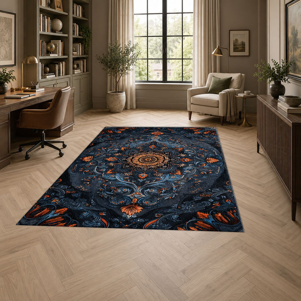 Midnight Blue Damask Medallion printed area rug