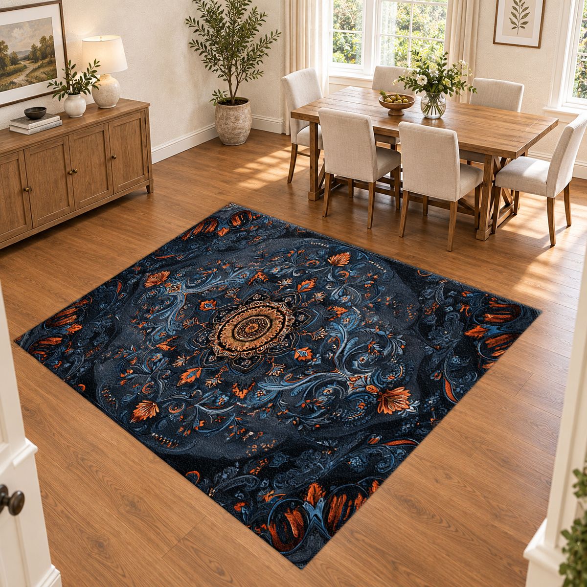 Midnight Blue Damask Medallion printed area rug