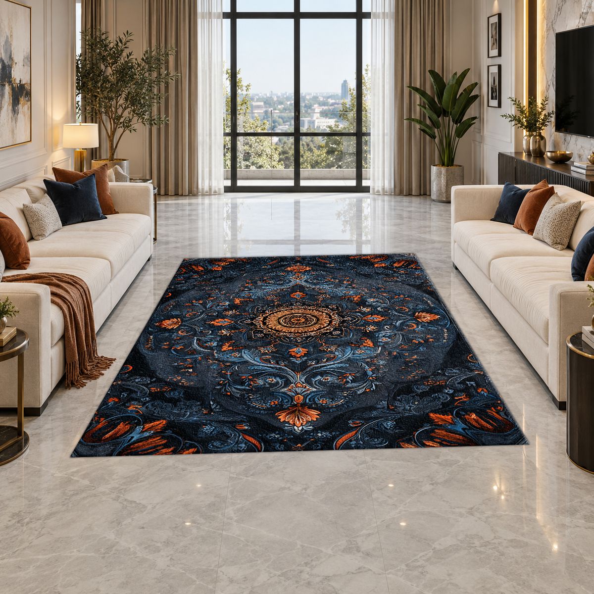 Midnight Blue Damask Medallion printed area rug