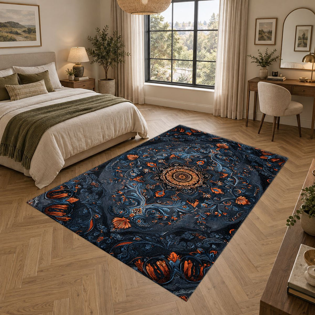 Midnight Blue Damask Medallion printed area rug